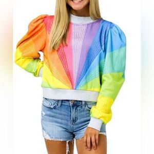 Queen of Sparkles Rainbow Puff Sleeved Rhinestone Tops size M